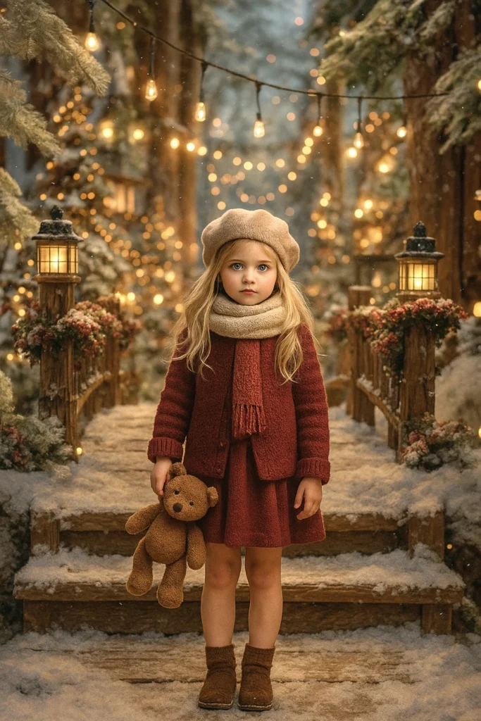 Niña con fondo dNavidad en fotografía de estudio de Paloma de los Ríos.