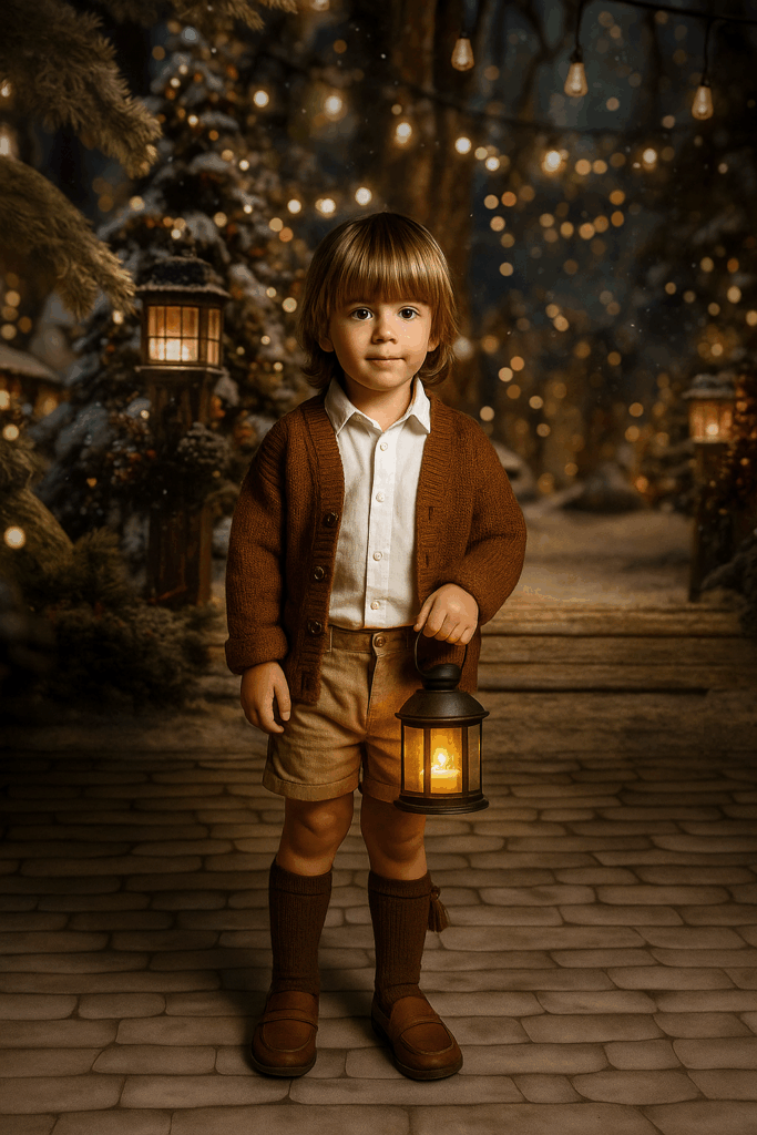 Niño con fondo de Navidad en fotografía de estudio en Ibiza , de Paloma de los Ríos